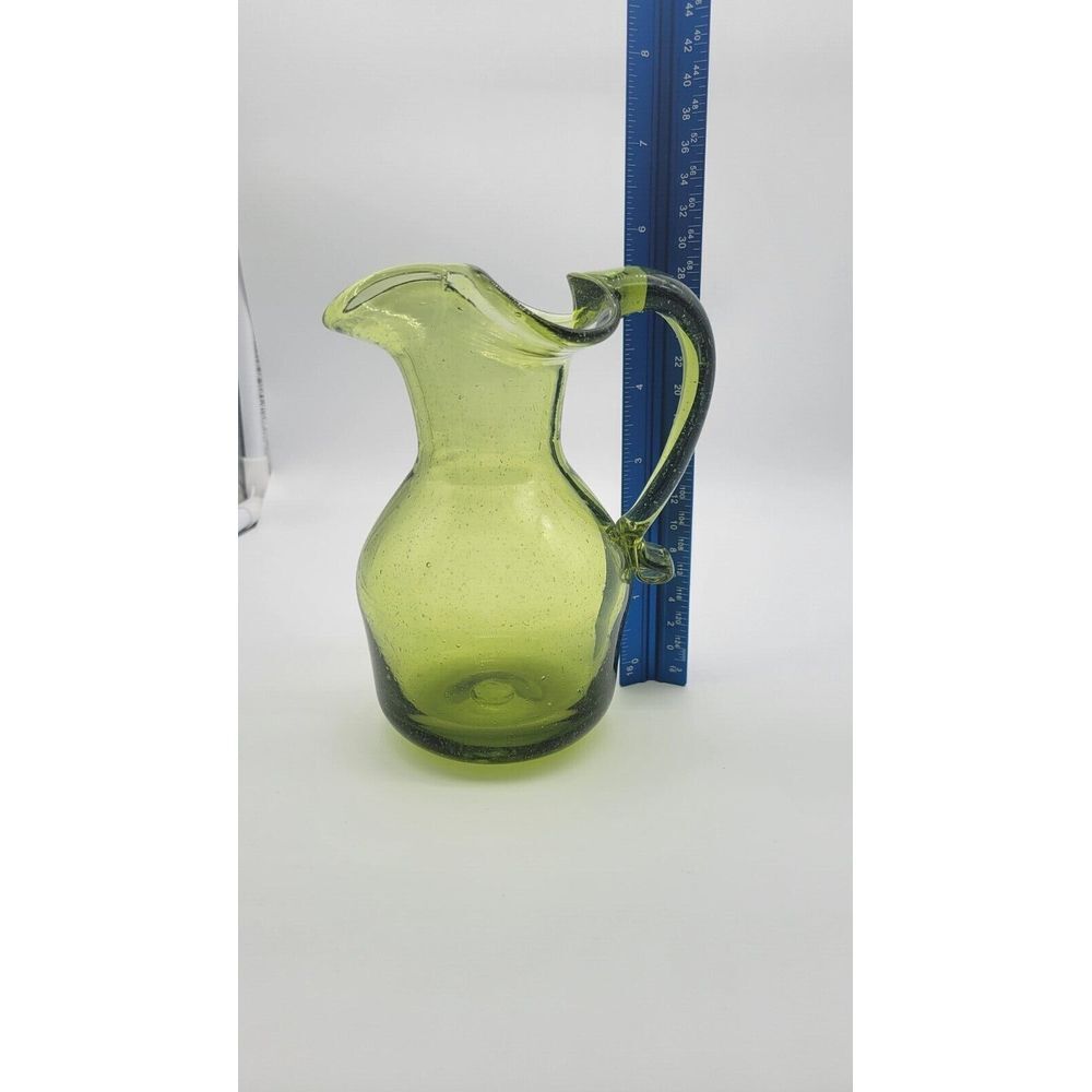 Vintage Green Blown Glass Pitcher with‎ Applied Handle 6"
